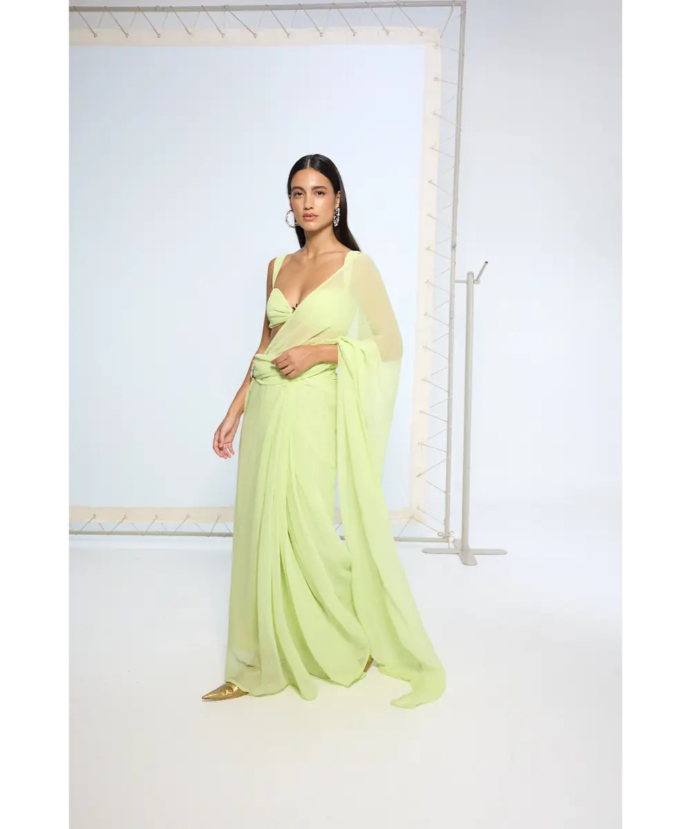 EKAYA BANARAS - Lime Green Brooch Saree